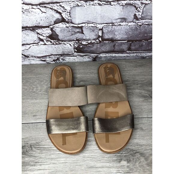 Sorel Taupe Suede Gold Leather Slides Sandals Women Sz 8.5M US/39.5EU - Picture 11 of 16